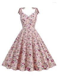 Robes décontractées imprimé floral noeud sangle col en v coton robe vintage femmes fête élégante célébrité été dames années 1950 années 60 rockabilly swing