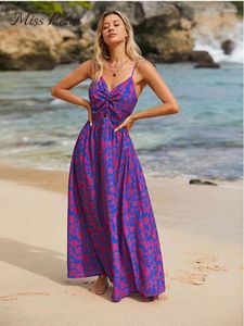 Robes décontractées imprimé floral noué maxi robe pour femmes sexy col en v dos cravate vacances plage a-ligne 2023 été femme robe d'été
