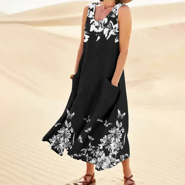 Vestidos casuales Vestido maxi con estampado floral para mujer Verano Tanque suelto Bolsillos largos bohemios Playa Sundress Algodón de mujer