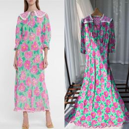 Vestidos Casuais Vestido Maxi Estampado Floral Feminino com Acabamento em Renda Viscose Doce Manga Três Quartos Robe Feminino Solto Decote em V