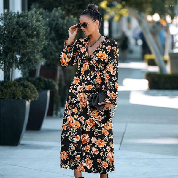 Robes décontractées imprimé floral Midi pour les femmes automne 2023 bohème A-LINE drapé lanterne manches plage porter vacances Sexy col en V robe de soirée