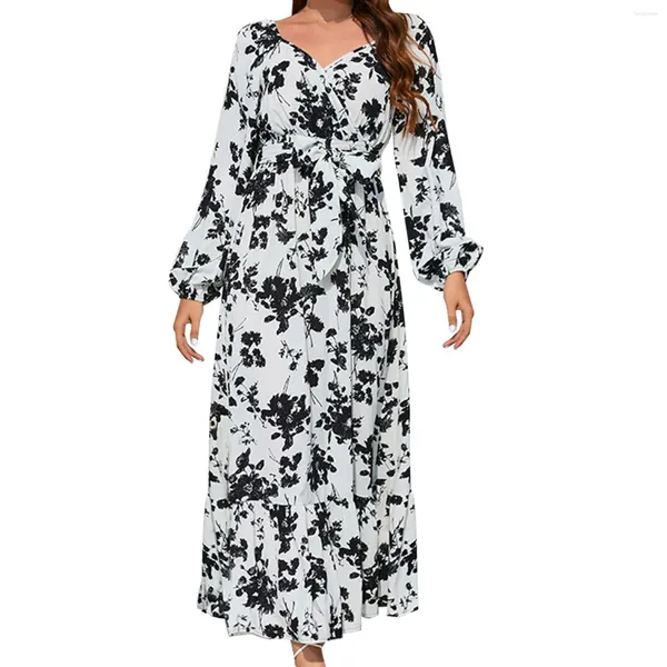 Robes décontractées Imprimé Floral Rétro À Lacets Taille Boho Robe Élégante Col En V À Manches Longues Robe Quotidienne Robes Para Mujer Elegantes Y Bonitos