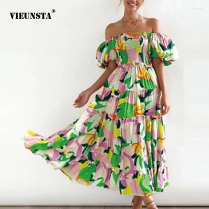 Casual jurken bloemenprint sexy off schouder middele lengte jurk 2024 zomer dames elegante mouwen losse veter boweemse vakantiestijl