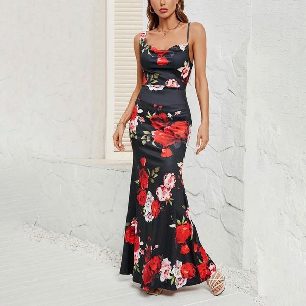 Vestidos casuales Estampado floral Sin mangas Slips Slit Sexy Bodycon Maxi Vestido de fiesta 2024 Verano Mujeres Elegante Y2K Party Club Trajes largos