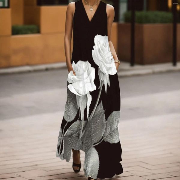 Robes décontractées imprimé floral sans manches avec été femmes robe maxi fête poches col en v femme longue élégante 2024