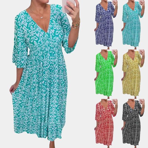 Robes décontractées Été à imprimé floral pour les femmes à la mode Boho Cover Up Up V Nou Sans manches Sécrépus de soleil Half Mancheves Ruffled Loose