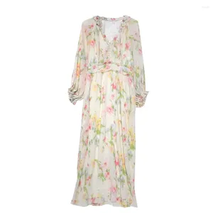 Casual jurken bloemenprint v-hals jurk dames zomer veter kraag lange mouwen chiffon lotus blad taille