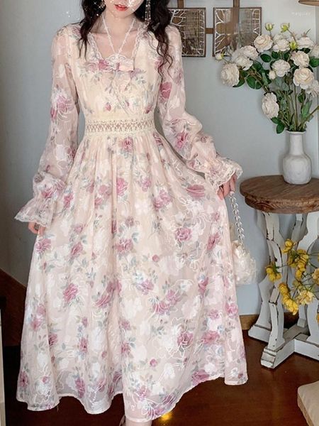 Vestidos informales con estampado Floral Vintage elegante vestido de mujer de encaje dulce fiesta de noche Midi señoras estilo coreano Hada Kawaii verano 2023