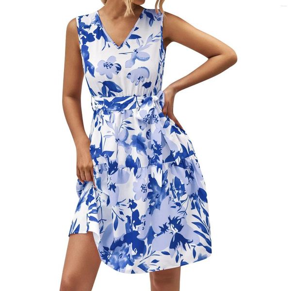 Vestidos casuales Estampado floral Vestido midi para mujer Boho Manga corta Elegante volantes para mujeres Sexy con cuello en V Holiday Swing Sundress