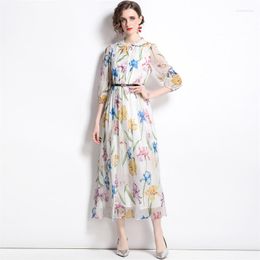 Casual Kleider Floral Bedruckte Chiffon Maxi Lange Frauen Mode Sommer Französisch Elegante Chic Party Abendessen Einreiher Robe G552