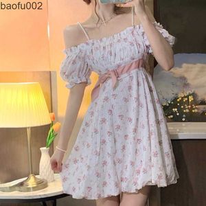 Robes décontractées Floral Strap Fairy Dress Femmes French Sweet Princess Holiday Party Dress Femme 2021 Summer Casual Beach Sexy Mini Dress Korean W0315