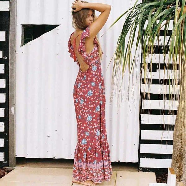 Vestidos casuales Flordevida Vestido de verano Rayón Vino Rojo Estampado floral Sin espalda Boho Gypsy Ruffle Manga Maxi Beach Mujeres Vestidos