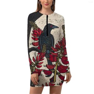 Casual jurken Flower Bird Full-geprinte dames strakke slanke pasvorm staande kraag met lange mouwen jurk Zipper sexy A-lijn korte rok