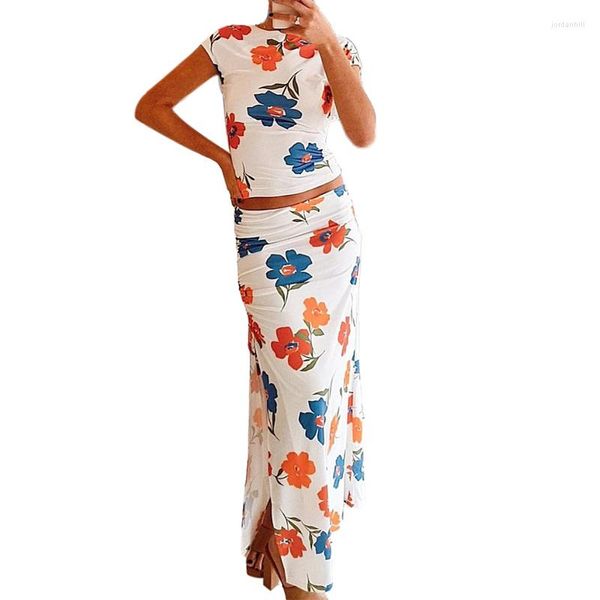 Vestidos casuales estampado de flores bodycon traje de verano mujeres manga corta espalda abierta crop tops alto split faldas largas conjuntos streetwear