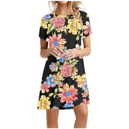 Casual jurken bloem print vrouw jurk korte mouw o-hals bohemia zomer zonsondergang kobieta sukienka vrouwen sukienki damskiecasual