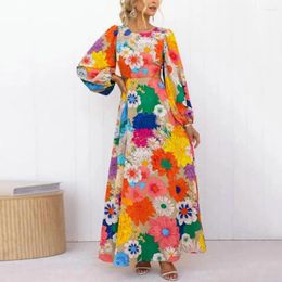 Casual jurken bloemenprint dames maxi-jurk Boheemse ronde hals lantaarn mouw kant taille riem zonnejurk losse reis roeping gewaad