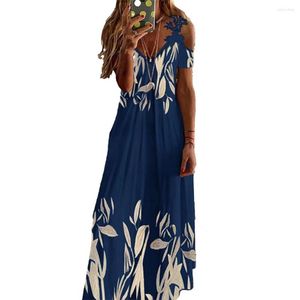 Casual jurken bloem print vrouwen zomerjurk 2023 off schouder hol uit v nek korte mouwen losse enkel lengte dame maxi