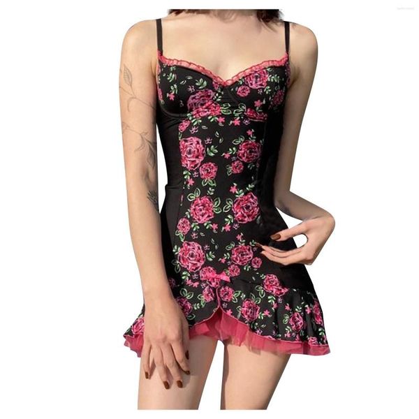 Vestidos casuales flor verano mujeres halter niña rosa impresión encaje patchwork sling sexy vestido femenino 2023