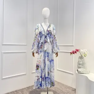 Robes décontractées Fleurs Imprimer Découpé Noeud Avant Manches Longues Robe Midi Bleu Clair Femmes Haute Qualité 2024 Vêtements élégants