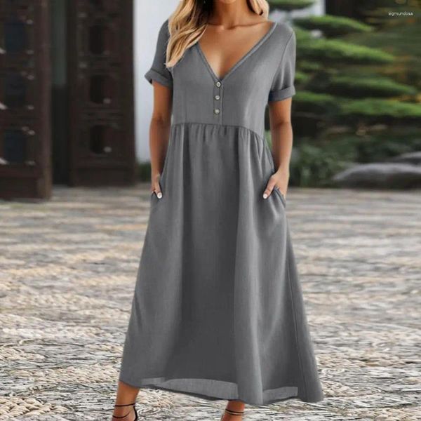 Robes décontractées robe d'été fluide élégante V cou maxi avec poches pour femmes A-line lâche chariot courtes