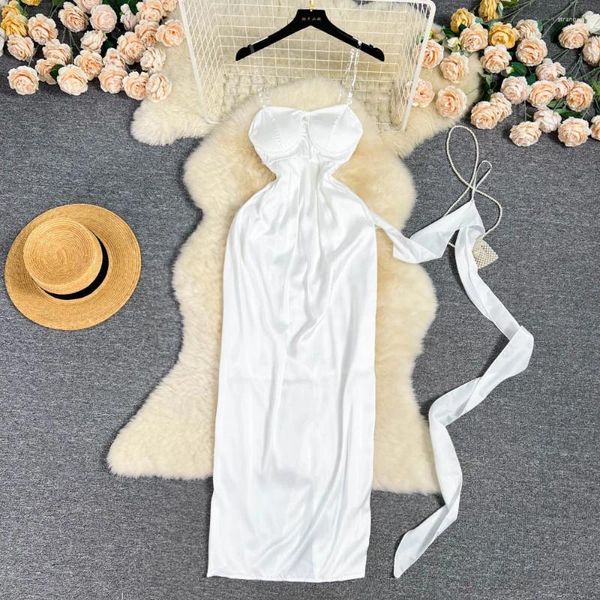 Robes décontractées Foamlina 2024 Mode d'été Femmes Beach Robe longue Sexy Blanc Spaghetti Strap Sans manches Dos nu Taille haute Slim Vacances
