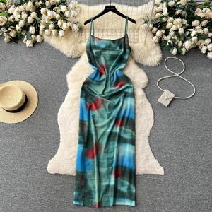 Robes décontractées Foamlina Français Rétro Tie Dye Imprimer Spaghetti Strap Dress Femmes Mode Été Sans Manches Slim Split Beach Holidays Party