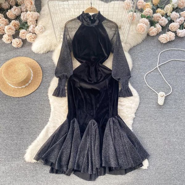 Vestidos informales Foamlina Hepburn Estilo de graduación Black Prom Vestence para mujeres Mesh de seda brillante empalme retro Temperamento de terciopelo Fisil Party