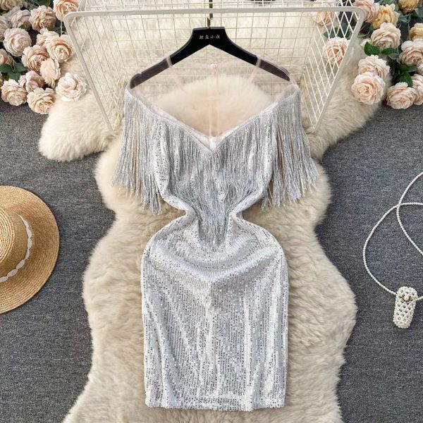 Robes décontractées mousse Foamlina High Qaulity ins Trendy Birthday Party Robe For Women Sexy Perspective Patchwork Patchwork Sequin Tassel Girl's Gift