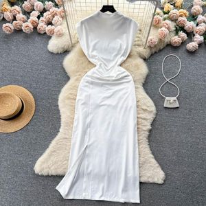 Robes décontractées Foamlina Style coréen Simple robe d'été pour femmes solide col montant sans manches taille haute moulante fendu Sexy fête Maxi