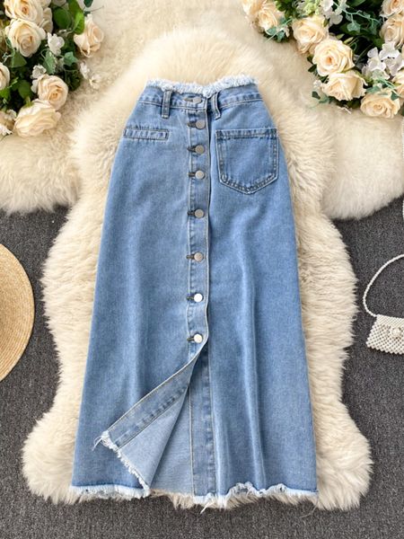 Vestidos casuales Foamlina Falda larga de mezclilla para mujer Moda coreana Borlas vintage Cintura alta Falda de jeans de una línea con bolsillos 230222