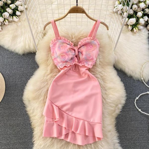 Robes décontractées Foamlina Sexy 3D Floral Décoration Spaghetti Strap Dress Femmes Mode Été Sans Manches Découpées Slim Ruffles Club Party