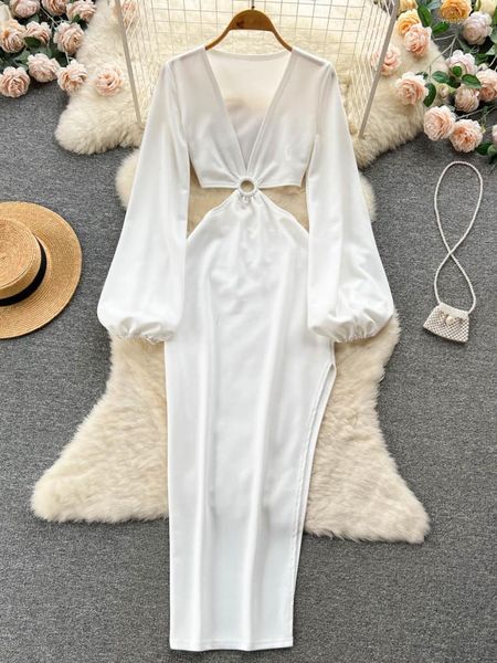 Robes décontractées Foamlina Sexy femmes blanc longue robe 2023 printemps été mode col en v lanterne manches découpées côté fendu Club fête Maxi