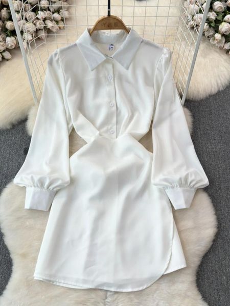 Vestidos casuales Foamlina Primavera Verano Mujeres Camisa blanca Vestido Coreano Moda Solapa Collar Manga larga Solo pecho Una línea Corta diaria