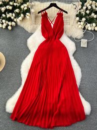 Casual jurken schuimlina zomer mode rode slinger jurk voor vrouwen elegante v nek mouwloze backless slanke elastische taille strand lang geplooid