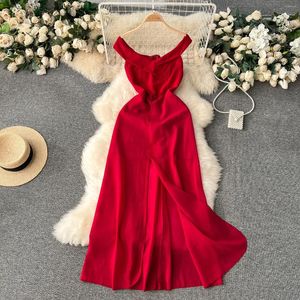 Robes décontractées Foamlina Été Femmes Sexy Hors Épaule Slash Cou Sans Manches Slim Une Ligne En Mousseline De Soie Patchwork Avant Split Robe De Fête D'anniversaire