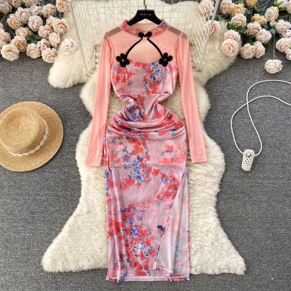 Vestidos informales Foamlina Vintage Floral Impresión Codercon Vestido Mujeres Elegantes Via a través de Mesh manga larga o cuello cortado fit de ajuste