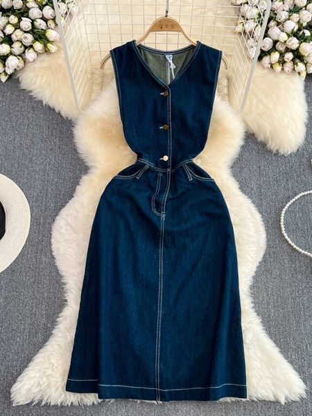 Robes décontractées Foamlina Style Vintage femmes bleu jean robe printemps été mode col en V sans manches boutons une ligne Midi veau Denim