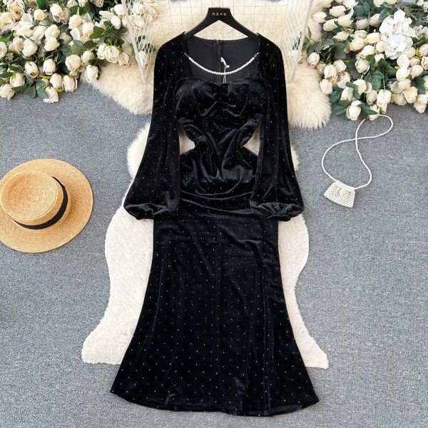 Vestidos informales Foamlina Mujeres Elegantes Manija larga Partido Velvet Velvet Velvet Sexy Beading Square Neck Polka Polka Fit otoño invierno