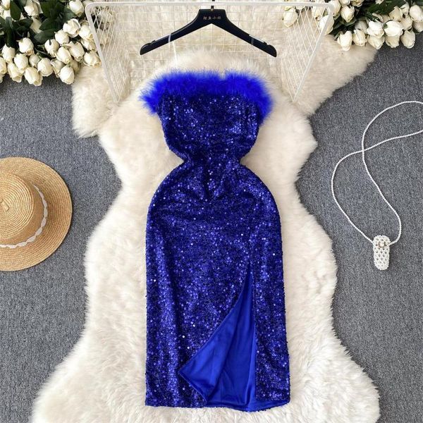 Robes décontractées Foamlina Femmes Sexy Fausse Fourrure Robe De Soirée À Paillettes Été Bleu Sans Manches Dos Nu Slim Avant Split Genou Longueur Club Robes