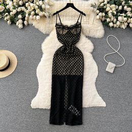 Casual Jurken Foamlina Vrouwen Zomer Sexy Hollow Out Bloemen Kanten Jurk Zwart Spaghetti Band Mouwloos Backless Slim Bodycon Party lang