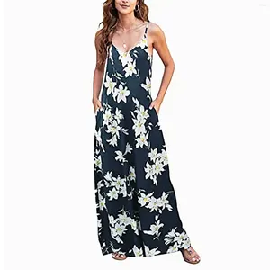 Robes décontractées pour les occasions formelles Femmes Summer V Nou sans manches Bohemian Floral Long Maxi Robe Vestido Mujer Elegante