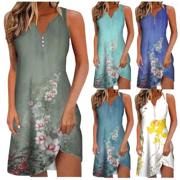 Robes décontractées pour occasions formelles Femme Robe d'été Bouton vers le cou V Nou sans manches boho invité de mariage floral