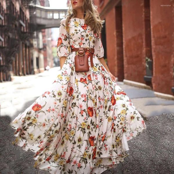 Vestidos casuales para niñas adolescentes media manga Boho Swing estampado floral Maxi vacaciones elegantes volantes plisados vestidos de bola