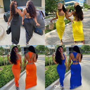 Casual Jurken Voor Vrouw Streetwear Sexy Lace Up Mouwloze Backless Maxi Jurk Vierkante Kraag Effen Kleur Lange Bodycon Jurken