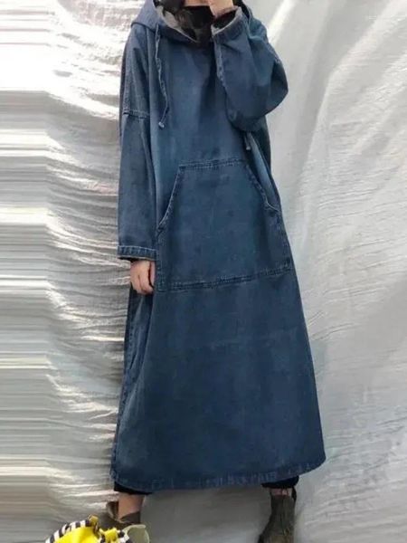 Vestidos casuales para mujeres 2023 Otoño Invierno suelto sobre el tamaño de una pieza vestido americano vintage con capucha larga bata de mezclilla