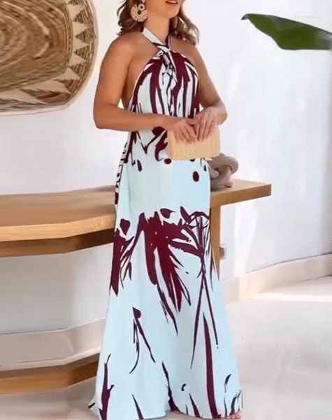 Lässige Kleider für Frauen 2023, elegant, sexy, ärmellos, Halter, tropischer Druck, rückenfrei, Maxikleid, Urlaub, Mode, Sommer