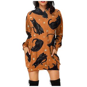 Robes décontractées pour les femmes 2023 Plus taille pour femmes Halloween Imprimé à manches longues Pilluche à capuche mini-robe Vestidos Mujer Verano