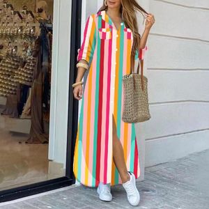 Casual jurken voor vrouwen 2023 Spring zomer losse print lange shirt jurk knop omhoog mouw MIDI elegante vintage vestidos