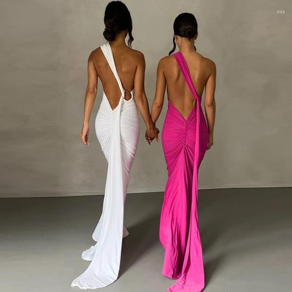 Vestidos casuales para mujeres 2023 verano Sexy espalda descubierta plisado Delgado Color sólido sin mangas elegante vestido largo fiesta al por mayor