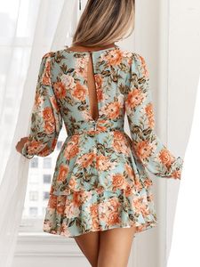 Casual jurken voor vrouwen 2023 V nek lange mouw lichtgewicht chiffon mini gelaagde ruche zoom elegante vintage bloemenprint